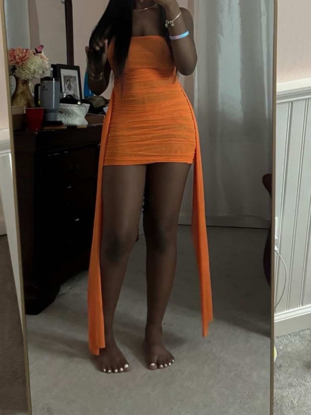 Strapless Orange Mini Dress with Draped Side Panels